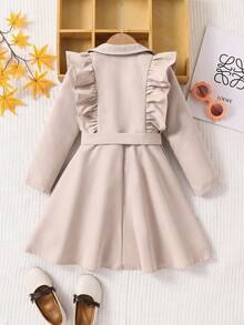 SHEIN Young Girl Solid Color Turndown Collar Ruffle Hem Fitted Casual Long Windbreaker - Apricot - View 2