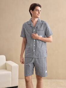 EverLounge Comfortable Cotton Striped Polo Collar Short Sleeve Shorts Men's Pajama Set, Quality Men's Comfortable Minimalist EasyComfort - Black and White - View 1
