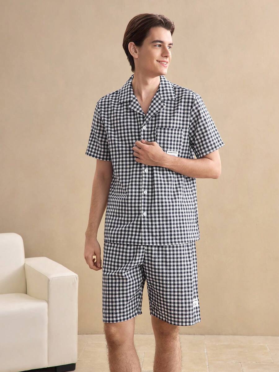 EverLounge Comfortable Cotton Striped Polo Collar Short Sleeve Shorts Men's Pajama Set, Quality Men's Comfortable Minimalist EasyComfort - Black and White - View 1
