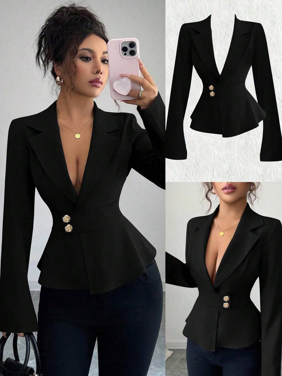 Elenzga Áo sơ mi vải lanh xanh denim mới mùa xuân và mùa thu có cổ ve, nút kim loại, thiết kế đi làm thường ngày, thắt eo, áo cánh dài tay ôm vừa vặn dành cho nữ - màu đen - Xem 1