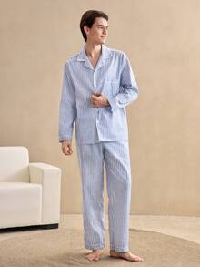 2 Stück Herren Retro Baumwolle gewebter, hautfreundlicher Langarm-Oberteil & Hose Pyjama Set, Winterkleidung