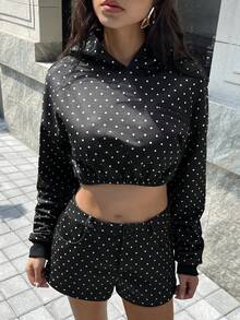 Zielony 波点休闲短款卫衣，时尚百搭黑色波点拉链卫衣，街头风女装，Y2K风格上衣，秋季女装，Y2K，姐妹，现在，时尚上衣，美学卫衣，送给姐妹的礼物，节日礼物，休闲简约时尚上衣 - 黑色 - 查看 7