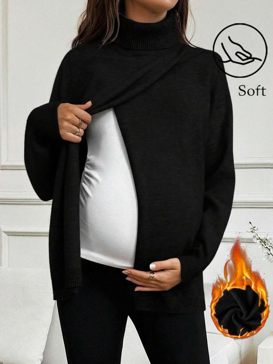 SHEIN Maternity Casual Solid Color Turtleneck Wrap Sweater, Autumn/Winter Nursing Top Maternity Sweater Black Maternity Top Maternity Turtleneck Maternity Pullover - Black - View 1