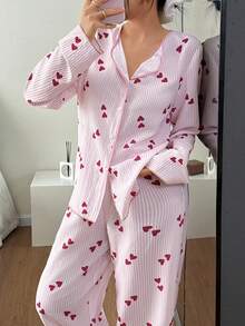 Napfluff 女士休闲可爱撞色领条纹爱心印花长袖上衣和裤子睡衣套装，可爱女士睡衣，秋冬服装 - 彩色 - 查看 2