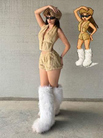 Jeanoix Conjunto de 2 piezas de shorts peludos y top halter sin espalda sexy para mujer