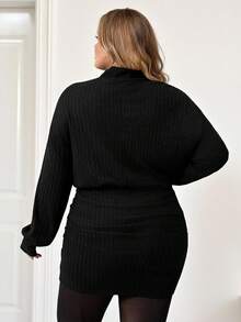 SHEIN CURVE+ 女士加大码连衣裙，加大码高领纹理面料，黑色修身连衣裙，长袖连衣裙，秋冬内衣，下装，日常百搭连衣裙，时尚通勤针织连衣裙，黑色连衣裙 - 黑色 - 查看 9