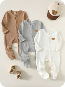 SHEIN 3pcs Newborn Baby Unisex Casual Cute Solid Color & Cartoon Pattern Long Sleeve Romper Jumpsuit, Baby Winter Clothes Baby Outfits Unisex For Fall Baby Boy Fall Newborn Zipper Suit Neutral Baby Clothes Unisex Baby Casual Zipper Romper - Multicolor - View 3
