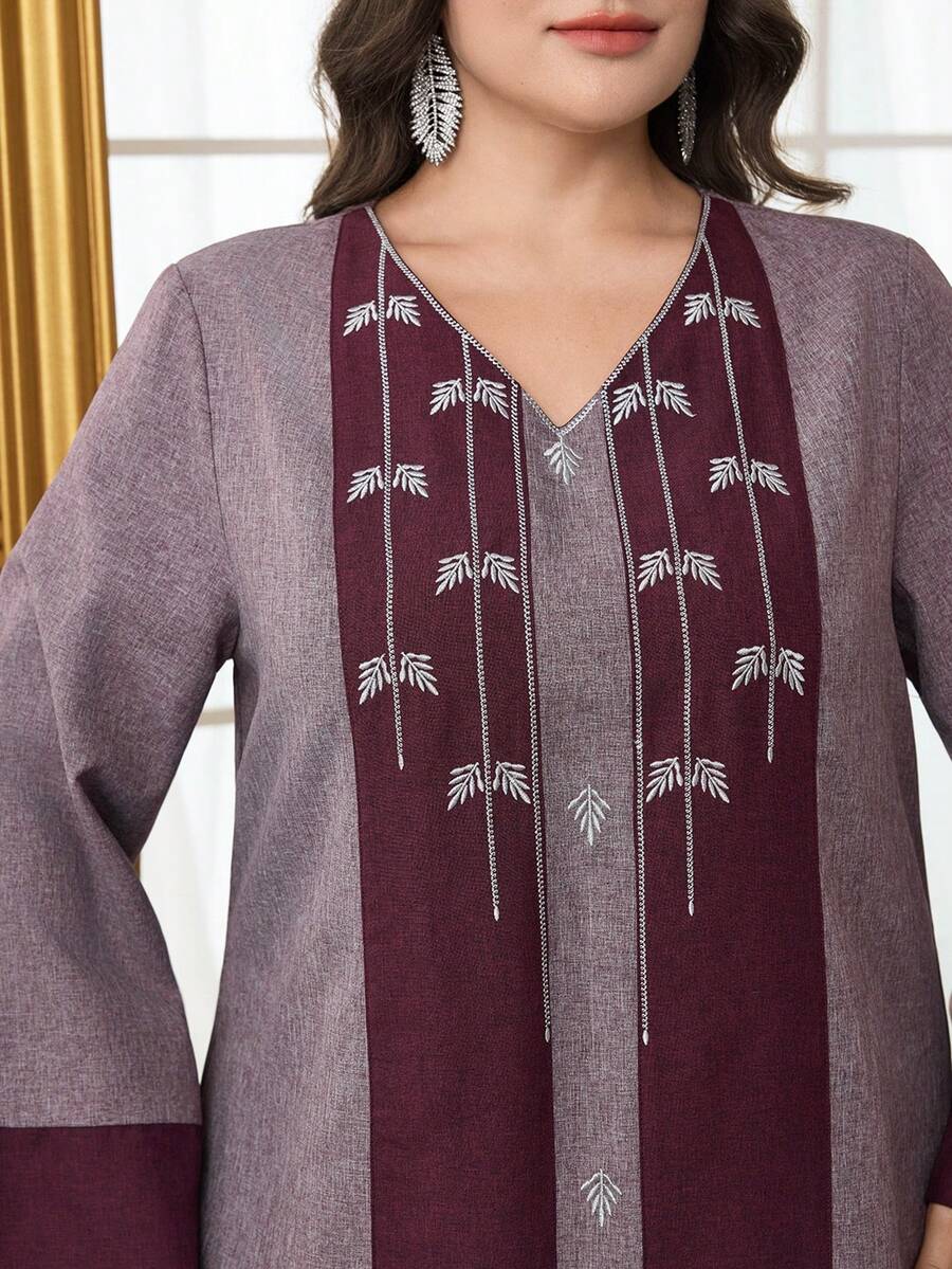 Al Najma Gaun Arab Elegan Bergaya Vintage dengan Lengan Raglan dan Leher V, Motif Blok Warna untuk Wanita Ukuran Plus - MultiWarna - View 1