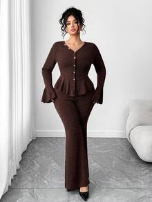 Elenzga Bộ 2 món áo thun cổ chữ V tay loe đơn giản phong cách Pháp mới thanh lịch dành cho nữ cỡ lớn và quần ống loe - Cà phê nâu - Xem 5