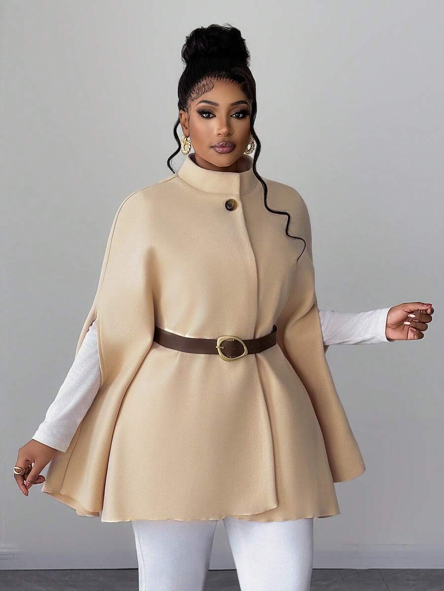 Maweii Women's Elegant Solid Color Stand Collar Fitted Waist Sleeve Slit Plus Size Wool Coat For Autumn And Winter, Suitable For Going Out, Parties, And Layering.Summer,Sexy,Vacation,Leopard,Cheetal Christmas, And New Year's. - Apricot - View 1