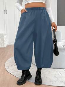 Elenzga Plus Size Women's Solid Color Wide Leg Harem Pants, New Vintage Loose Dad Jeans Lantern Pants - Blue - View 5