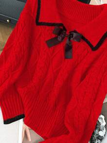 GlowEve CURVE Große Größen eleganter luxuriöser grauer Strickpullover mit Peter-Pan-Kragen, Schleife und langem Arm, dick - Rot - Übersicht 1