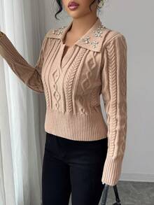 Rafferiza Women's Autumn Rhinestone Sequin Polo Sweater,Cable Knit Raglan Sleeve Pullover,Elegant Date Night Apricot Textured Metallic Sequin Top - Khaki - View 5