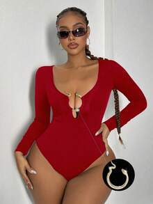 Maweii Plus Size Women's Christmas Red Solid Color Ring Decor Sexy Bodysuit