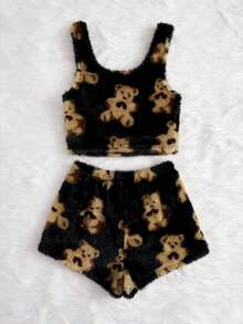 女士卡通熊毛绒背心短裤睡衣套装 可爱家居服套装 豹纹睡衣套装 泰迪熊睡衣套装 动物纹睡衣套装 可爱女士套装，蓬松舒适冬季服装 - 黑色 - 查看 2