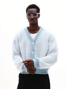 SUMWON 罗纹针织开衫，纽扣前襟，撞色滚边，常规版型针织衫 - 藍白色 - 查看 1