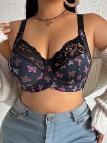 DesireSculpt 1pc Plus Size Lace Patchwork Wireless Bra - Multicolor - View 8