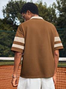 SWAVVY Áo thun polo dáng rộng thoải mái cho nam, thiết kế phối màu, tay ngắn, mùa hè - màu nâu - Xem 4