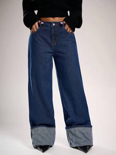 SHEIN Forever 21 Effen lage taille rechte, losse casual jeans voor dames