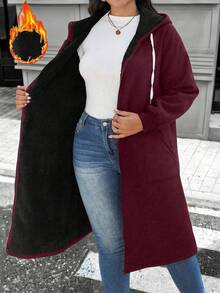 SHEIN LUNE Plus Size Color Block Thermal Lined Hooded Long Sleeve Jacket, Autumn/Winter - Burgundy - View 1