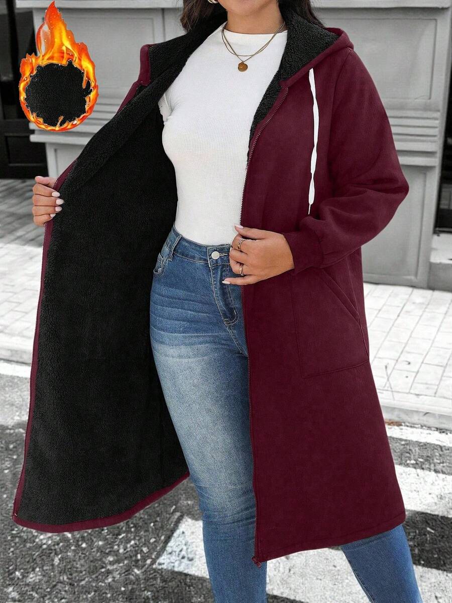 SHEIN LUNE Plus Size Color Block Thermal Lined Hooded Long Sleeve Jacket, Autumn/Winter - Burgundy - View 1