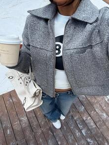 SHEIN EZwear Women's Grey Winter Streetwear Jacket,Lapel Collar Long Sleeve Zipper Short Coat With Pockets,Elegant Retro School Back-To-School Fashion Apparel - Dark Grey - View 3