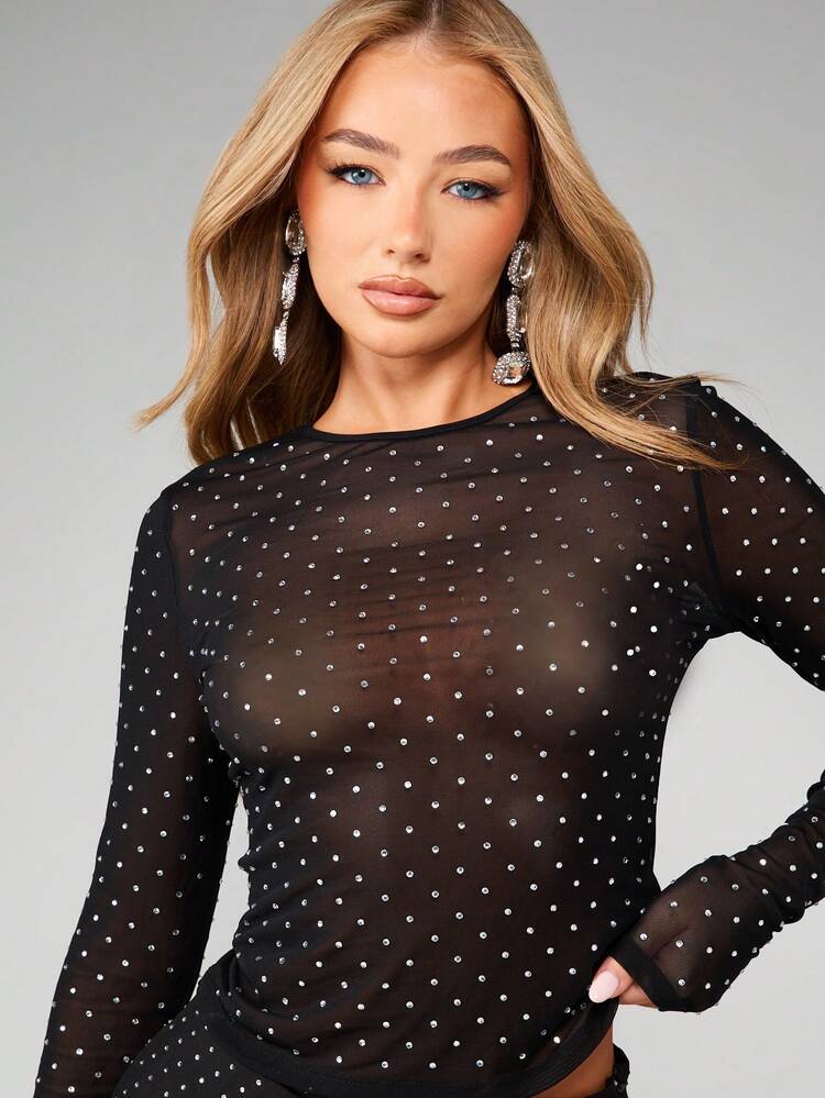 MISSGUIDED Top de Manga Longa com Tule e Aplicações de Strass para Festas à Noite