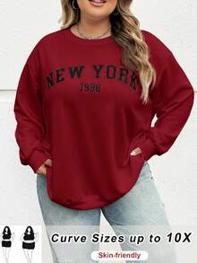 SHEIN CURVE+ 秋冬大码休闲宽松纽约图案圆领长袖女式运动衫 - 酒紅色 - 查看 7