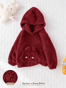 Cozy Pixies Baby Girl Cat Pattern Thermal Lined Hooded Long Sleeve Pullover Sweatshirt - Red - View 3