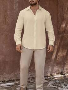 Manfinity Homme Men's Mature Vacation Linen Blend Long Sleeve Shirt - Champagne - View 4