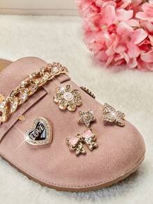 Mini mi #ShinySteps Kids' Jewel Decor Faux Suede Pink BS Back Strap Clogs – Sparkle Chain & Butterfly Charms For Little Princess Looks - Pink - View 6