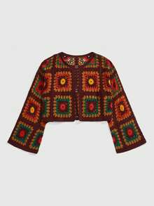 ROMWE Fairycore 加大码复古棕色钩针花卉图案针织开衫，复古棕色美学镂空针织女式毛衣夹克，加大码休闲秋冬嬉皮复古美学针织开衫 - 彩色 - 查看 1