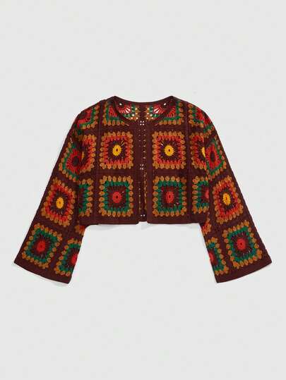 Fairycore Cárdigan de punto con patrón floral de ganchillo en talla grande de color marrón retro, chaqueta de punto calada de estética vintage marrón para mujeres de talla grande, cárdigan de punto hippie retro de estilo casual para otoño/invierno