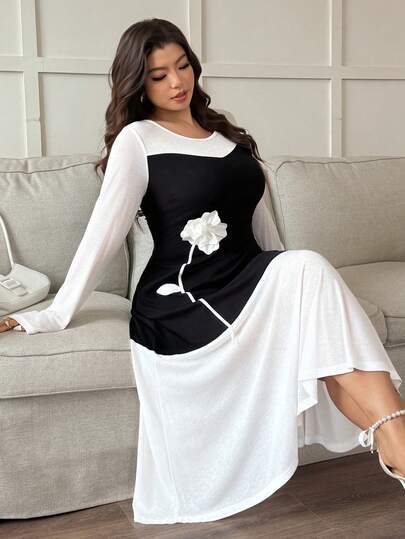 Dazy Plus 优雅拼色长袖连衣裙，花卉贴花，适合约会、派对、春秋季节