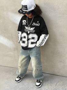 Coolane Kids Tween Boy Winter Loose Casual Sports Round Neck Printed Black Sweatshirt,Christmas/New Year/Thanksgiving/Party/Elegant/Chic, Boys Hip Hop Clothing, Y2k Clothes Boy - Black and White - View 2