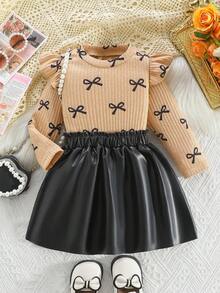 SHEIN Elladie kids 2件組女嬰卡其色長袖上衣配蝴蝶結印花與荷葉袖，黑色裙子復古兩件套套裝，秋季 - 卡其色 - 查看 3