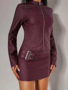 Jeanoix Set de 2 piese pentru femei, jachetă din piele PU cu mânecă lungă și fermoar în față, culoare solidă, și fustă mini bodycon, la modă pentru toamnă