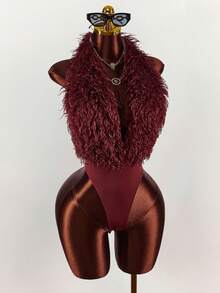 Y2K Amplova Wine Red Furry Halter Neck Sexy Bodysuit For Party Burgundy Burgundy Bodysuit Red Bodysuit Faux Fur Women Bodysuit - Burgundy - View 5