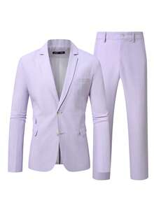 Calvornis Men's Simple Solid Color Lapel Collar Suit Jacket And Trousers Set - Mauve Purple - View 3