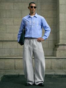 AKNOTIC 男士休闲轻薄灰色印花罗纹运动裤 - 淺灰色 - 查看 2