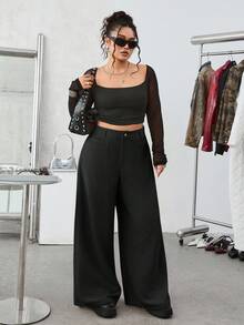 SHEIN EZwear 秋冬大码厚灯芯绒纯色前扣休闲阔腿裤 - 黑色 - 查看 6