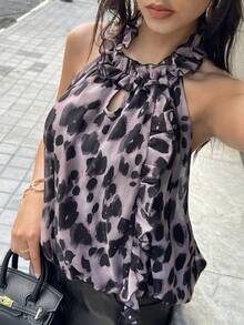 Zielony Grey Summer Elegant Leopard Print Halter Neck Backless Chiffon Loose Fit Sleeveless Top,Brunch Ruffle Animal Print Cheetah Print Ruffle Top - Multicolor - View 3