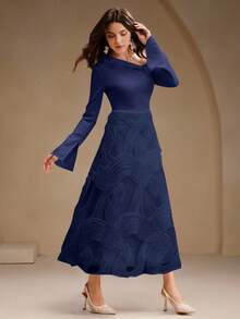 Anewsta Elegant Navy Blue Shoulder Cutout Long Sleeve Knit Patchwork Embroidered A-Line Dress For Women,Autumn Dining Wedding Guest Party Formal Chic Style - Navy Blue - View 1