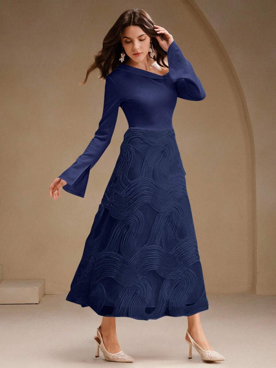 Anewsta Elegant Navy Blue Shoulder Cutout Long Sleeve Knit Patchwork Embroidered A-Line Dress For Women,Autumn Dining Wedding Guest Party Formal Chic Style - Navy Blue - View 1