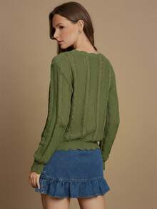 WESTFADE Floral Embroidered Cable Knit Crew Neck Long Sleeve Relaxed Knit Sweater - Green - View 2