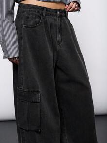 COUREZ Barrel Balloon Cargo Jeans In Black Wash /Y2K Low Rise Jeans Baggy Jeans Winter Outfits Going Out Outfits Streetstyle - Dark Grey - View 6