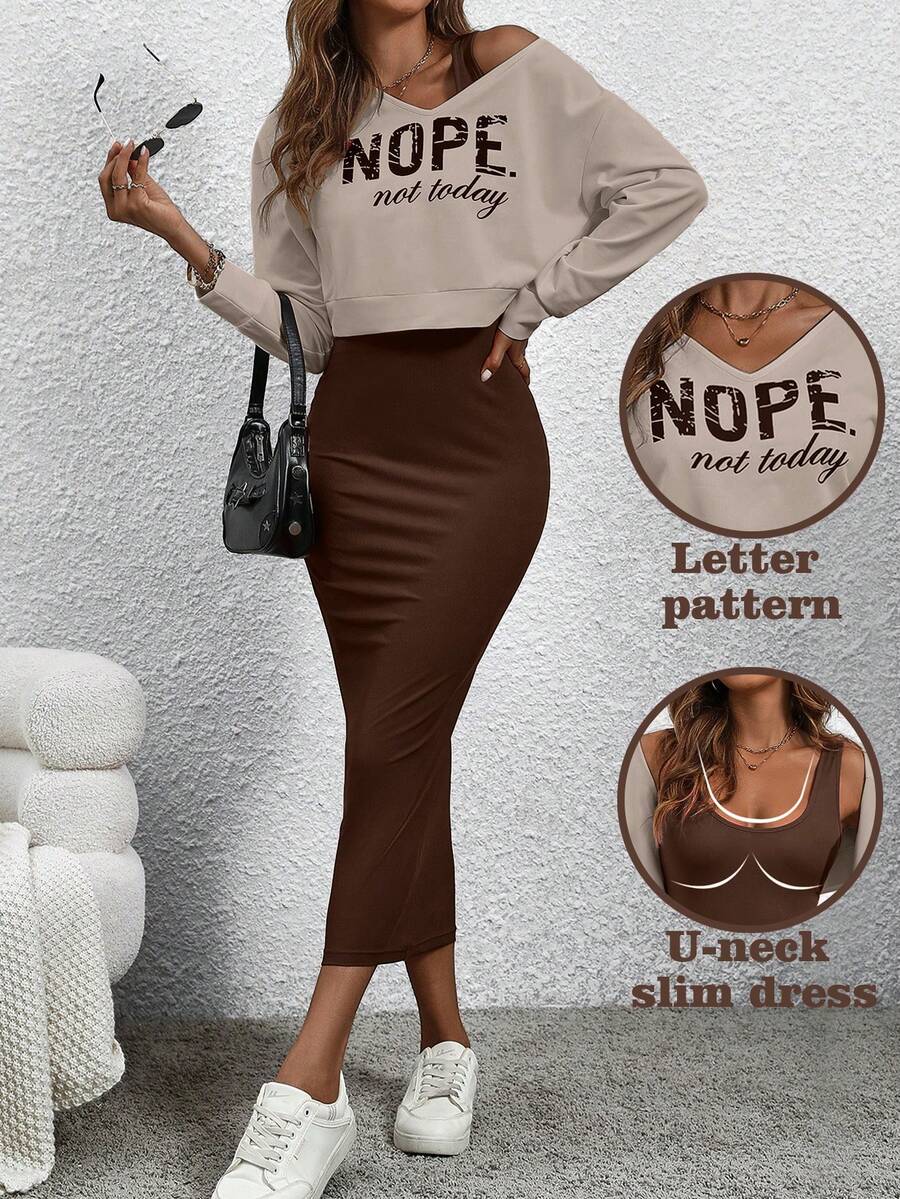SHEIN ChicEase 2 件套:不对称领口“NOPE”印花长袖上衣和纯色连衣裙,适合新年服装 - 棕色 - 查看 1