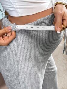 SHEIN Maternity Solid Color High Waist Drawstring Straight Loose Ribbed Pants Knit Pants Wide Leg Sweatpants Casual Pants For Women Flared Sweatpants - Grey - View 6