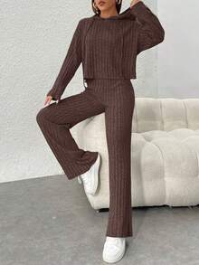 SHEIN PETITE Bộ 2 món áo hoodie và quần trơn màu thường ngày dành cho nữ - màu nâu - Xem 4