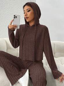 SHEIN PETITE Bộ 2 món áo hoodie và quần trơn màu thường ngày dành cho nữ - màu nâu - Xem 6